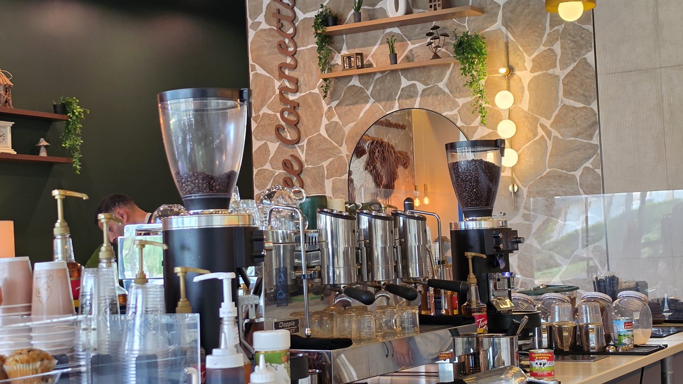 The bar, set up for service