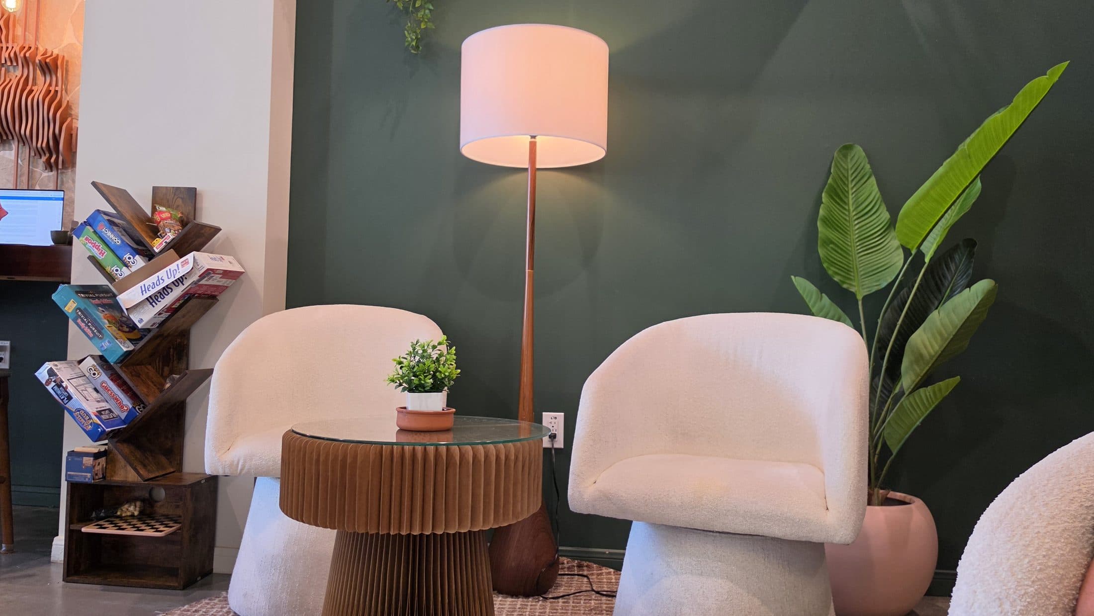 A reading nook and a warm lamp