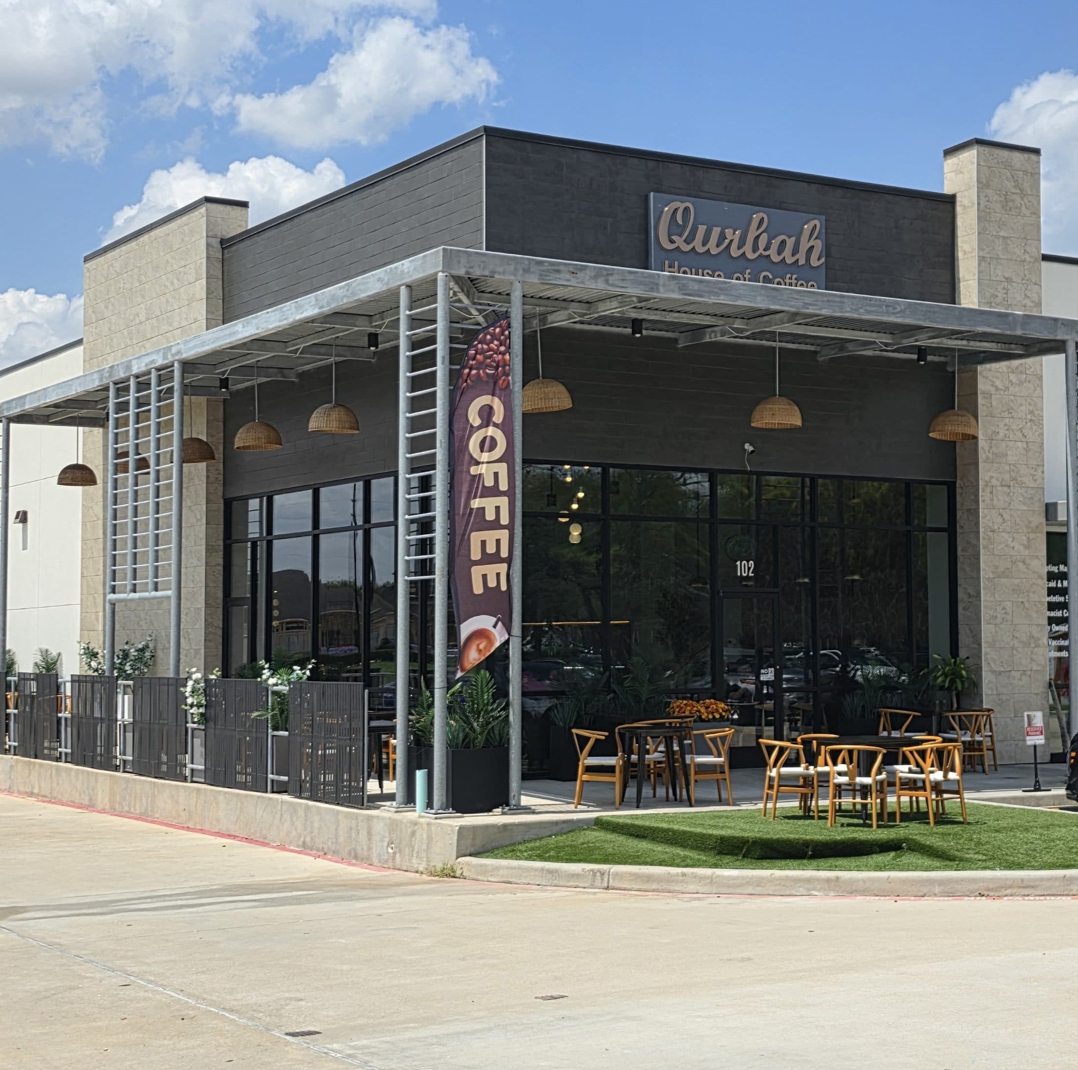 The exterior of Qurbah House of Coffee in Pearland